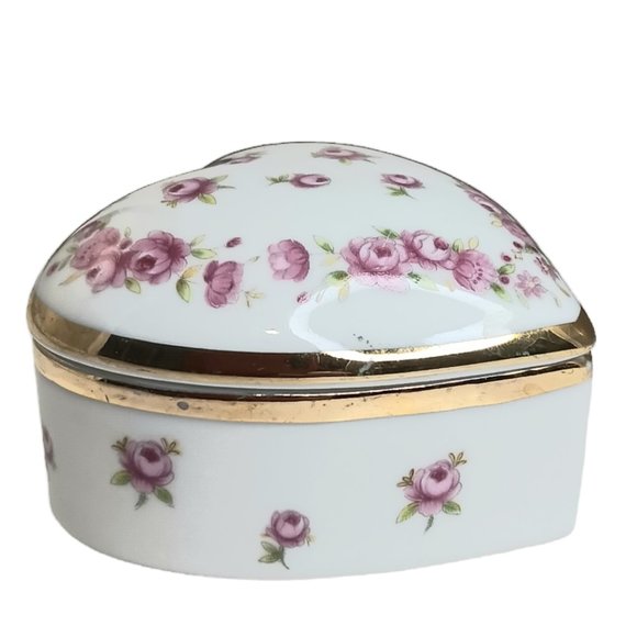 Lefton Heart Shaped Trinket Box Pink Flowers Gold Trim Jewlery Box - Picture 5 of 10
